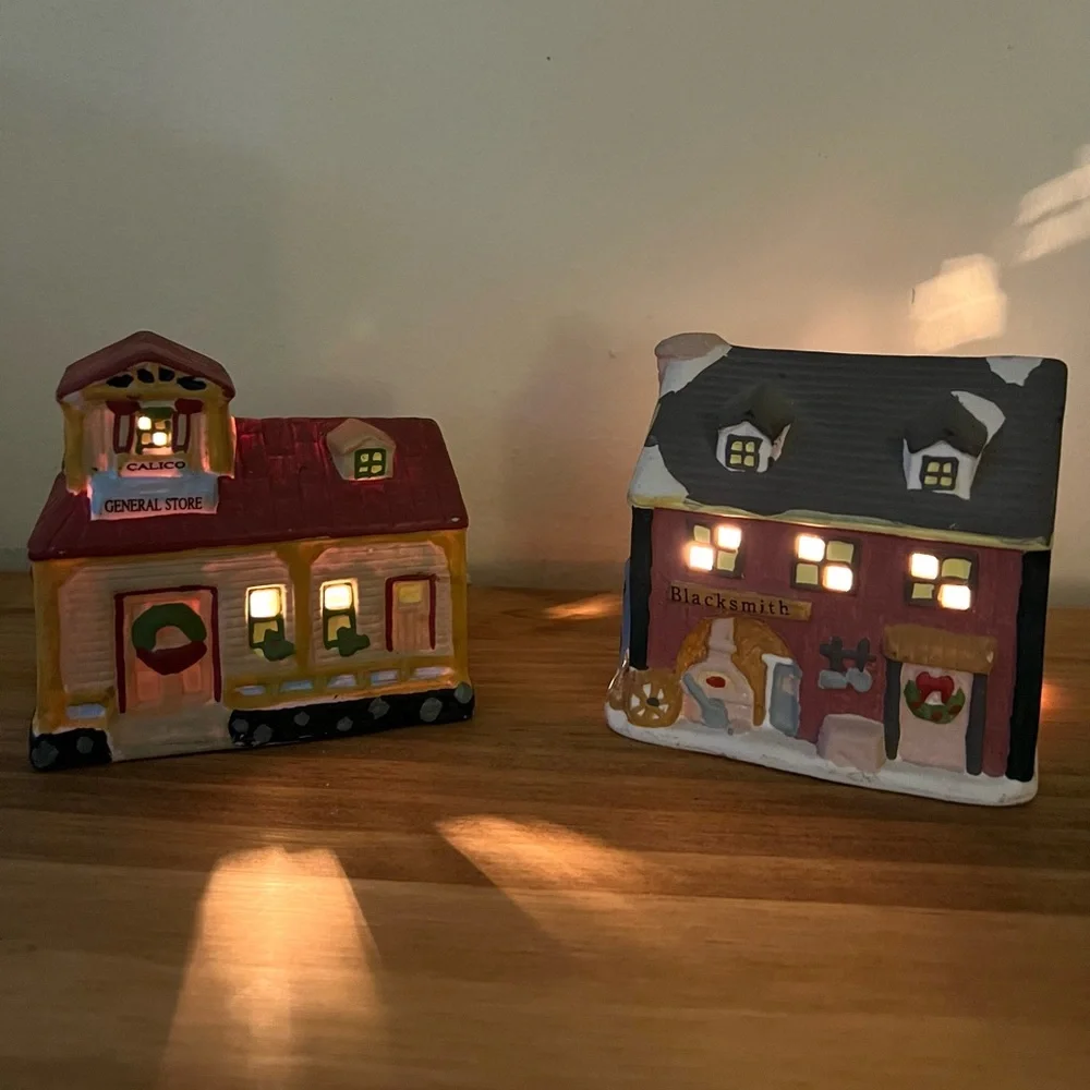 (2) Vintage Dickens Ceramic Village Christmas Cottagecore Houses With Lights